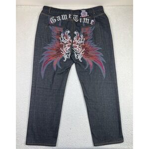 Game Time Jeans Mens 46 (Fits 42x32) Blue Dark Wash Straight Denim Embroidered